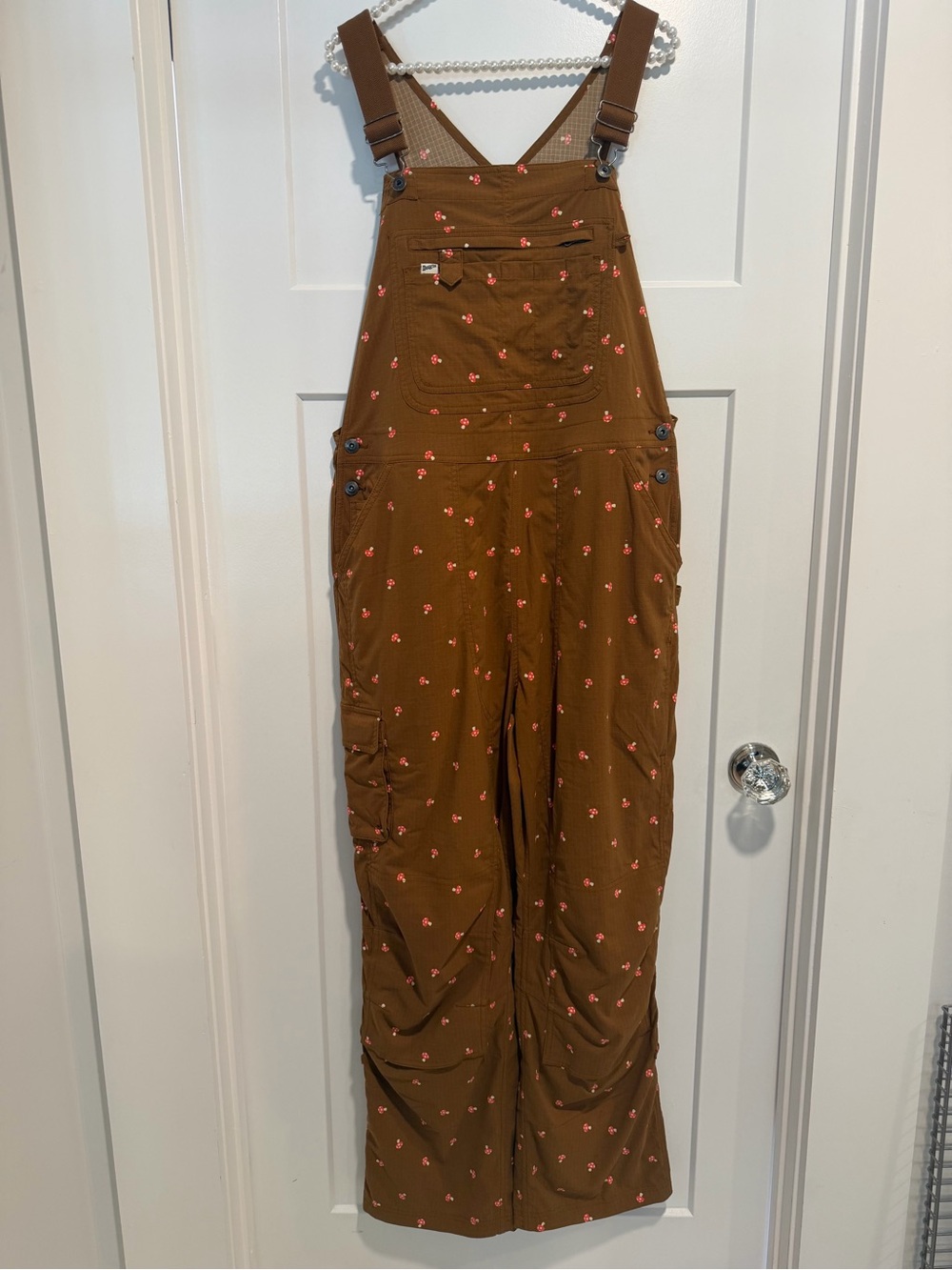 Duluth Trading Co Brown Overalls with Small mushroom 🍄 Pattern